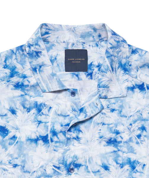 Guide London Tropical Breeze Relaxed Fit Short Sleeve Shirt - BLUE WITH WHITE PATTERN