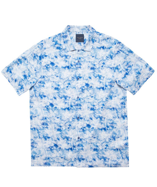 Guide London Tropical Breeze Relaxed Fit Short Sleeve Shirt - BLUE WITH WHITE PATTERN